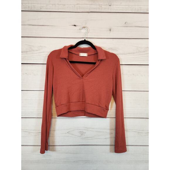 Altar’d State Women's Rust Red Ribbed Cropped Long Sleeve‎ Top Size M - Picture 1 of 6